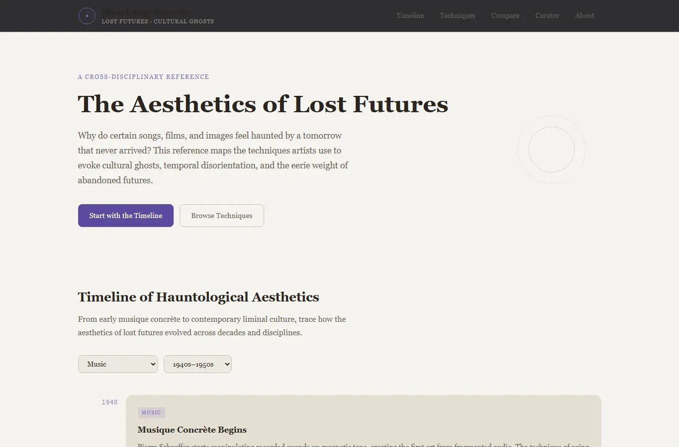Screenshot of Hauntology Decoder interface showing the project page in use